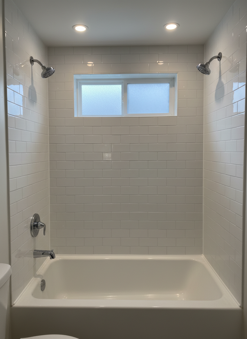 A compact but spotless Derry, NH bathroom featuring a newly re-caulked white tub and shower surround. The bright white silicone lines along the edges are perfectly straight, smooth, and free of gaps or discoloration, contrasting with the glossy subway tiles and matte tub surface. A chrome faucet and showerhead gleam, showing no signs of rust or mineral buildup. Overhead recessed lighting and soft diffused light from a small frosted window combine to create even, flattering illumination with gentle reflections on tile and metal. Photographic realism from a slightly elevated angle captures the entire tub area in sharp focus, emphasizing cleanliness, meticulous craftsmanship, and the reassurance that small repair jobs are completed to a high professional standard.