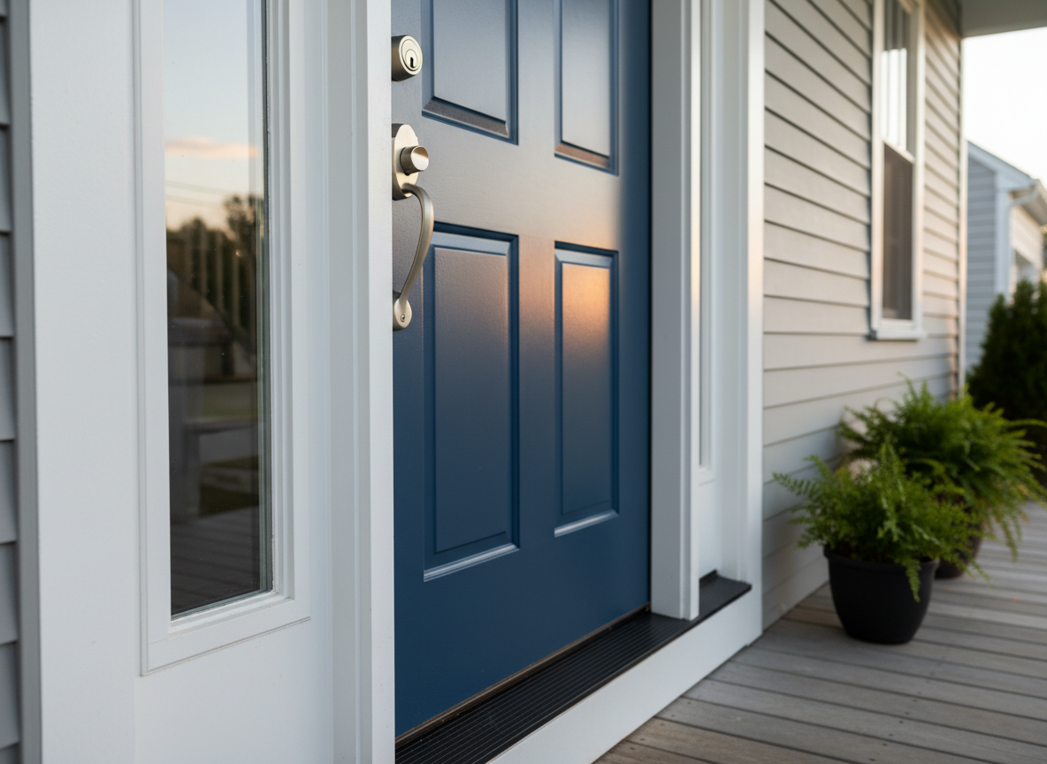 A freshly repaired front door of a New England-style home in Derry, NH, showcasing a new satin-nickel deadbolt and handle set installed perfectly straight on a smooth, freshly painted deep blue door. The crisp white trim is caulked cleanly with no gaps, and a sturdy door sweep is visible at the bottom, sealing tightly. The siding around the frame looks intact and well-maintained. Late afternoon natural light illuminates the entryway, creating soft, warm highlights on the hardware and gentle shadows on the doorstep. Photographic realism from a slightly angled close-up emphasizes precision and craftsmanship, with the surrounding porch and shrubs softly blurred to convey a sense of security, care, and attention to detail for home repair services.