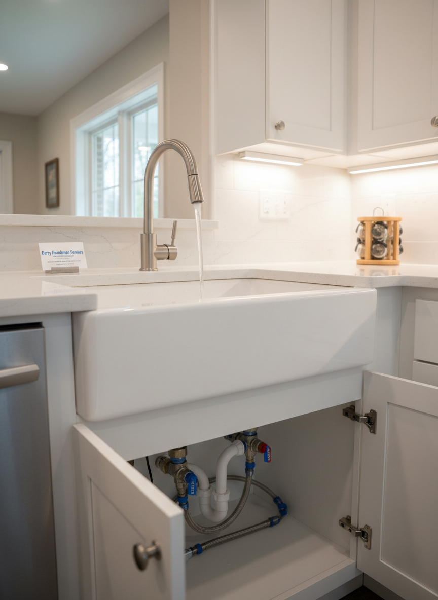 A neat Derry, NH kitchen showing a newly installed, perfectly aligned brushed stainless steel faucet over a clean, deep farmhouse sink. The faucet’s base is sealed smoothly, with no gaps or excess sealant, and the connections under the sink, visible through an open cabinet door, look orderly and secure with labeled shutoff valves. Under-cabinet LED lighting casts a clean, bright light on the sink area, while softer ambient kitchen lighting warms the surrounding white shaker cabinets and light quartz countertop. Photographic realism from a slightly elevated, three-quarter angle highlights crisp edges, smooth finishes, and water flowing in a clear, steady stream, reinforcing the professionalism, reliability, and thoroughness of local handyman plumbing fixture installations.