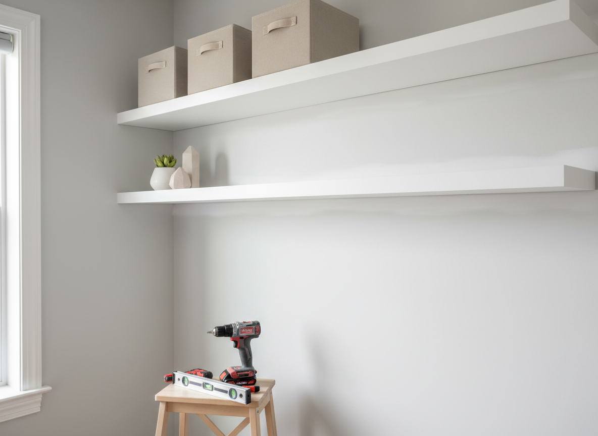 A bright, modern home office corner in Derry, NH, featuring a flawlessly installed floating white shelving unit anchored securely to a freshly patched and repainted light gray wall. A level and a cordless drill rest on a small step stool nearby, hinting at the completed work. The shelves hold a few neutral-toned storage boxes and decor pieces, all aligned neatly. Natural daylight from an unseen window washes the space with clean, even light, minimizing harsh shadows. Shot at eye level with photographic realism and sharp focus, the composition uses the rule of thirds to highlight the solid, gap-free installation and smooth wall finish, conveying professionalism, reliability, and pride in small handyman fixes for homes and offices.