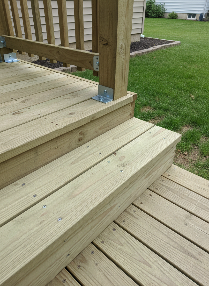 A tidy Derry, NH exterior scene featuring a newly repaired wooden deck corner, where fresh pressure-treated lumber has been expertly fitted to replace damaged boards and a wobbly step. The new boards align perfectly with the older, lightly weathered planks, their clean cut ends and recessed, evenly spaced screws visible in close detail. A solid, re-secured railing stands straight with new galvanized brackets. Soft, overcast natural light creates even illumination, bringing out the grain in the wood and subtle textures in the nearby vinyl siding and neatly trimmed lawn. Photographic realism from a low, close-up angle along the deck boards emphasizes sturdy construction, safety, and the confidence of a well-executed exterior repair by a professional handyman service.