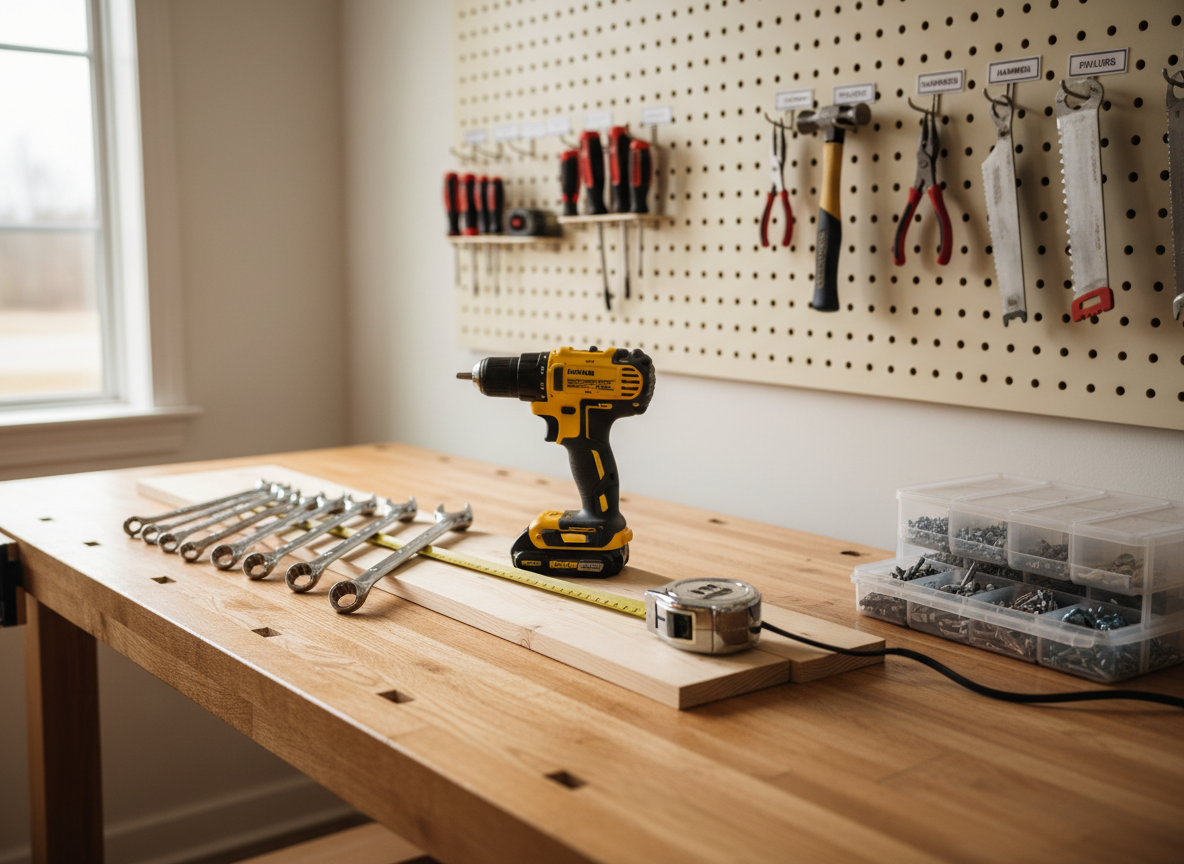 A well-organized handyman’s tool bench in a tidy Derry, New Hampshire garage, featuring a sturdy wooden workbench with a neatly arranged set of high-quality tools: a bright yellow cordless drill, polished chrome wrenches, a tape measure extended across freshly cut lumber, and a small parts organizer filled with screws and anchors. The background shows clean pegboard walls with labeled hooks and hanging tools. Soft, diffused daylight filters in from a side window, casting gentle shadows and subtle highlights on metal surfaces. Photographic realism at eye level, with sharp focus in the foreground and a mild bokeh on the back wall, creates a professional, trustworthy, and dependable atmosphere suitable for a local handyman service homepage.