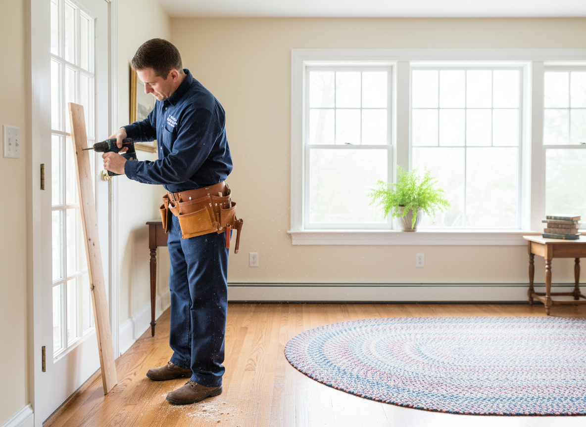 A professional handyman in a navy blue work shirt and tool belt, confidently working on a home repair in a bright, welcoming New England home interior. He is fixing a door frame with a drill. Natural light, clean and trustworthy feel, photo-realistic, wide landscape format.