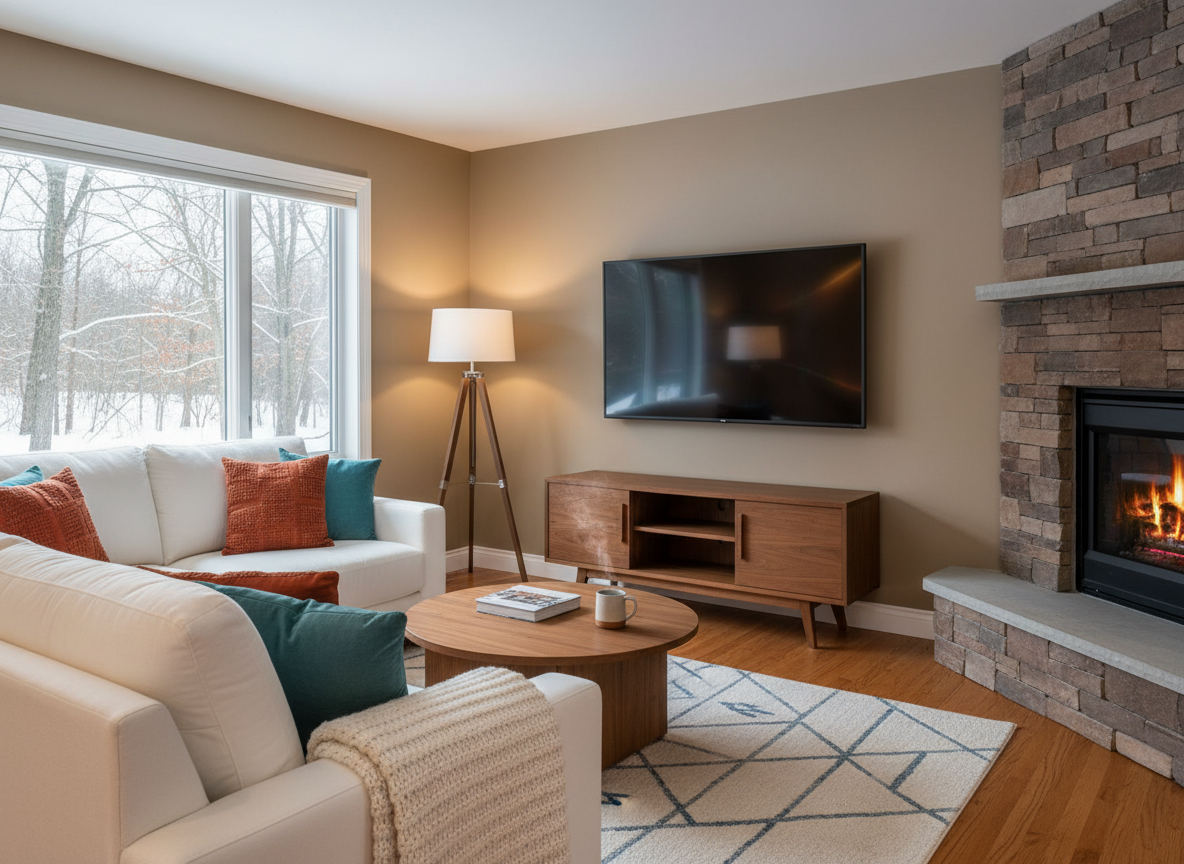 A cozy, professionally staged living room in a New Hampshire home. Warm taupe accent wall, white sofa with rust orange and teal throw pillows, knit blanket draped over armrest, round wood coffee table with a book and mug, mid-century walnut TV console. A large modern flat-screen TV mounted on the wall above the console — the TV has a realistic slim black bezel frame, a dark reflective screen showing subtle ambient glare, and a visible thin stand bar at the bottom edge. Stone fireplace on the right with warm glowing fire. Large window on the left with snowy winter trees outside. Warm interior lighting from a tripod floor lamp. Hardwood floors with a geometric area rug. Photorealistic interior photography style, natural light, professional real estate photo quality.