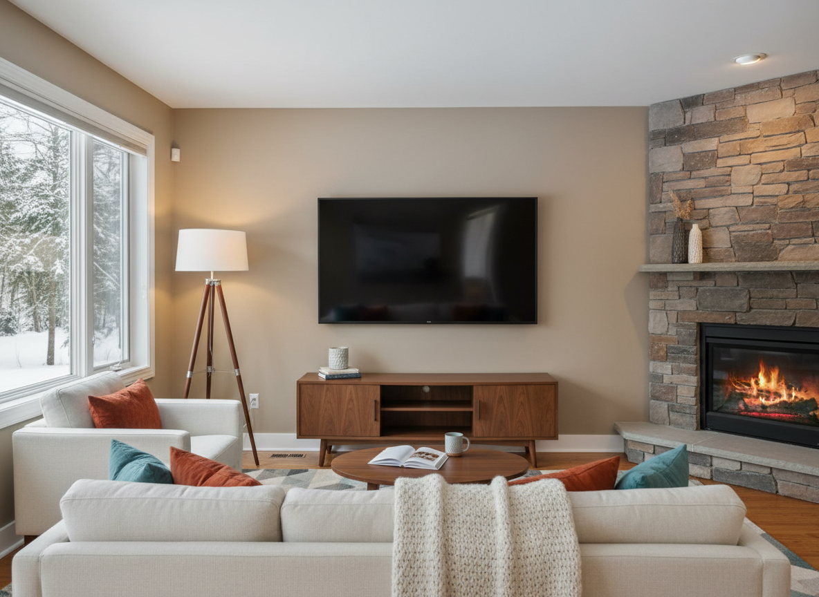 A cozy, professionally staged living room in a New Hampshire home. Warm taupe accent wall, white sofa with rust orange and teal throw pillows, knit blanket draped over armrest, round wood coffee table with a book and mug, mid-century walnut TV console below. A large modern flat-screen TV mounted on the wall — the TV has a slim black bezel, and the screen is completely dark and clean with a subtle ambient glare reflection of the room. There is NO mount, NO bracket hardware, NO arms, and NO visible mounting hardware on the screen or in the reflection. The mount behind the TV is hidden and not visible. Stone fireplace on the right with warm glowing fire. Large window on the left with snowy winter trees outside. Warm interior lighting from a tripod floor lamp. Hardwood floors with a geometric area rug. Photorealistic interior photography, professional real estate photo quality.